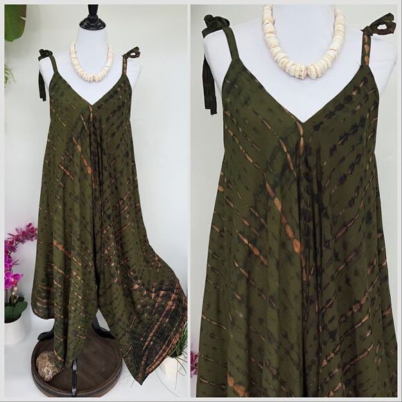 -The Pō`alima Romper  ‘Ohe Green Tan V-Neck Shoulder Tie Romper Boho Gyps… - Picture 2 of 9